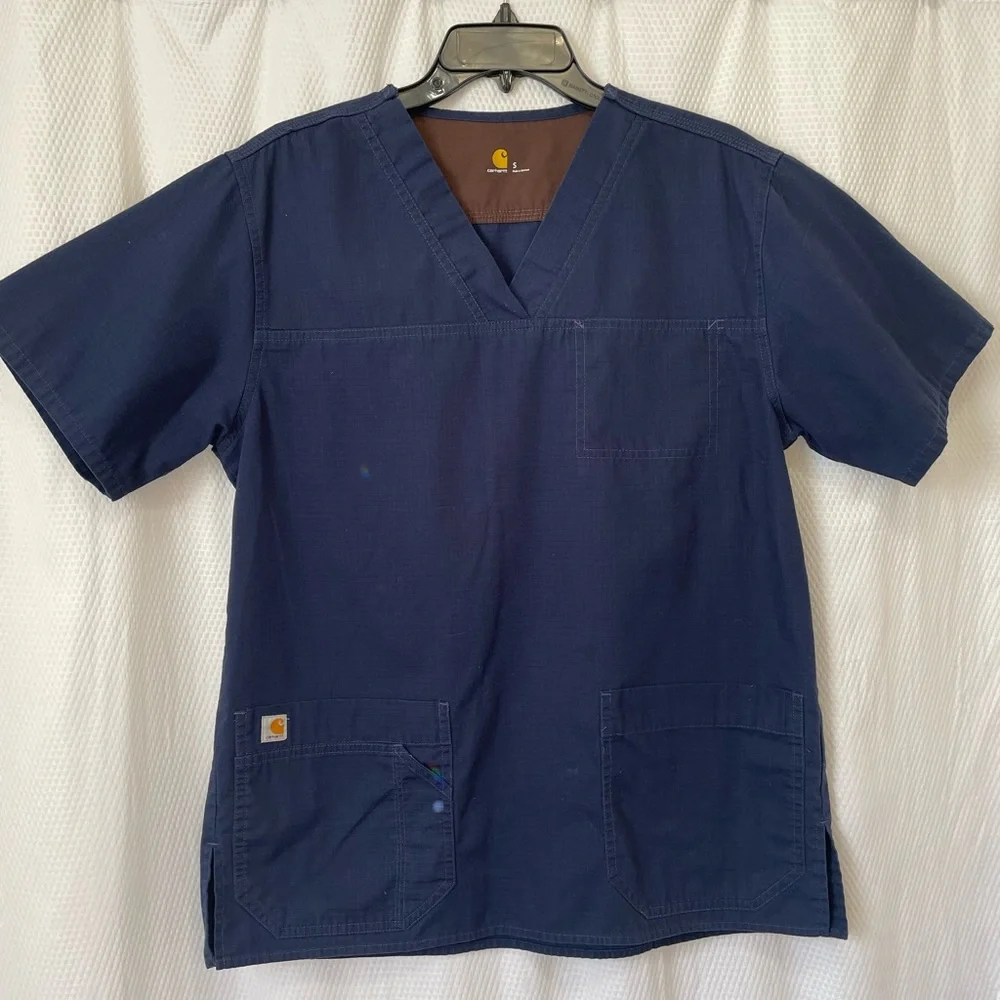 Carhartt Navy Blue V Neck Pocket Ripstop Yoke Scrub Top Size Small - Picture 2 of 9